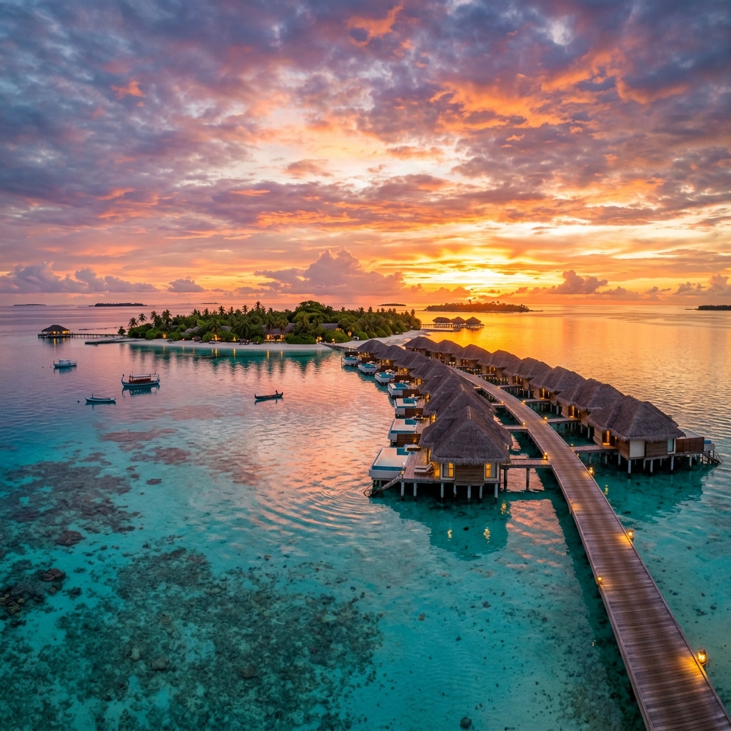 Maldives overwater villas at sunset