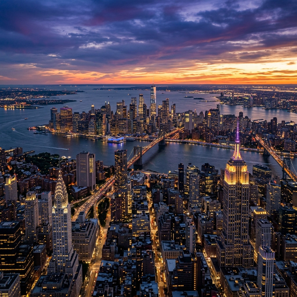 New York City skyline at twilight