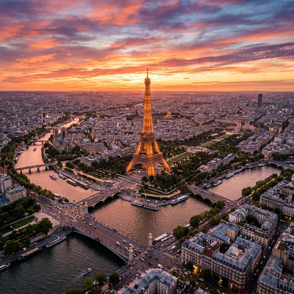 Paris skyline at golden hour