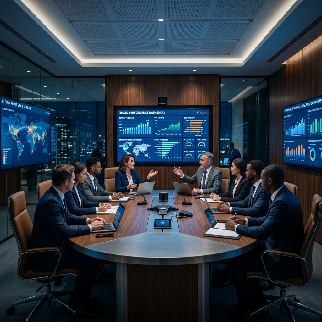 Executive boardroom with analytics dashboards