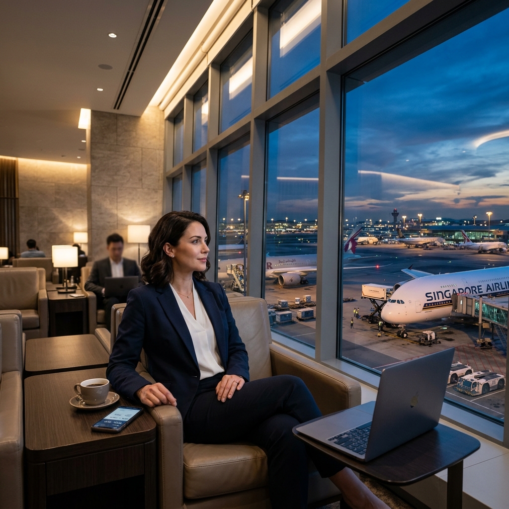 Business traveler in premium airport lounge